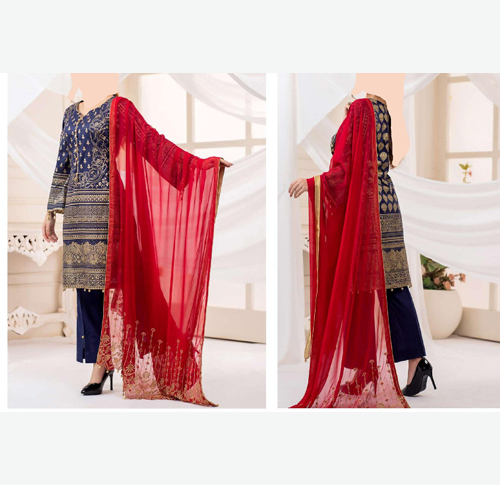 Un-Stitched Three Pieces Suit, Dyed Cotton Suit With Hand Embroidered Embellished Dyed Chiffon Dupatta, Three Piece Un-Stitched Suit